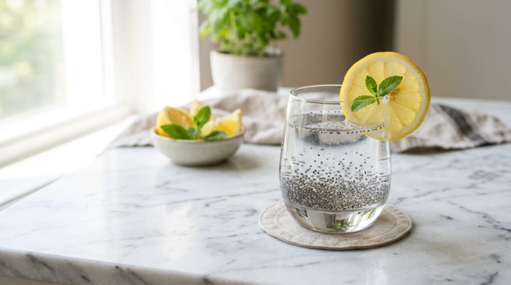 A glass of chia seed water with a slice of lemon on a marble countertop