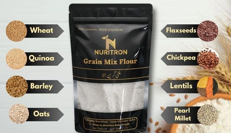Grain Mix Flour ingredients: wheat, quinoa, barley, oats, flaxseed, chickpea, lentils, pearl millet